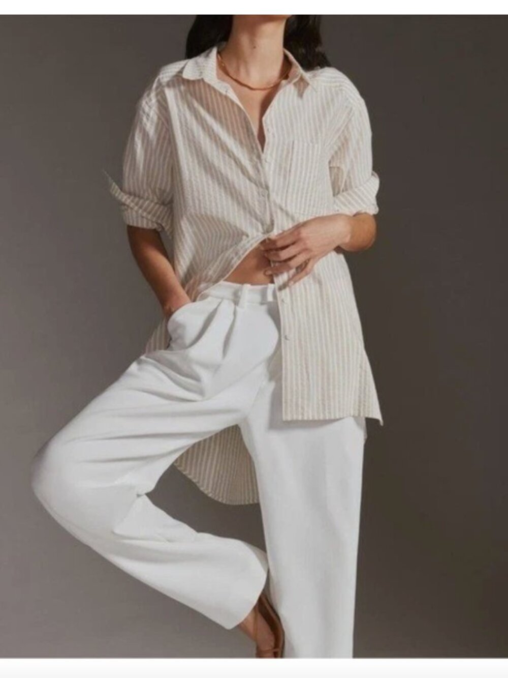 Anthropologie Longline Button Down Neutral Tunic Blouse Women's Medium Stripes